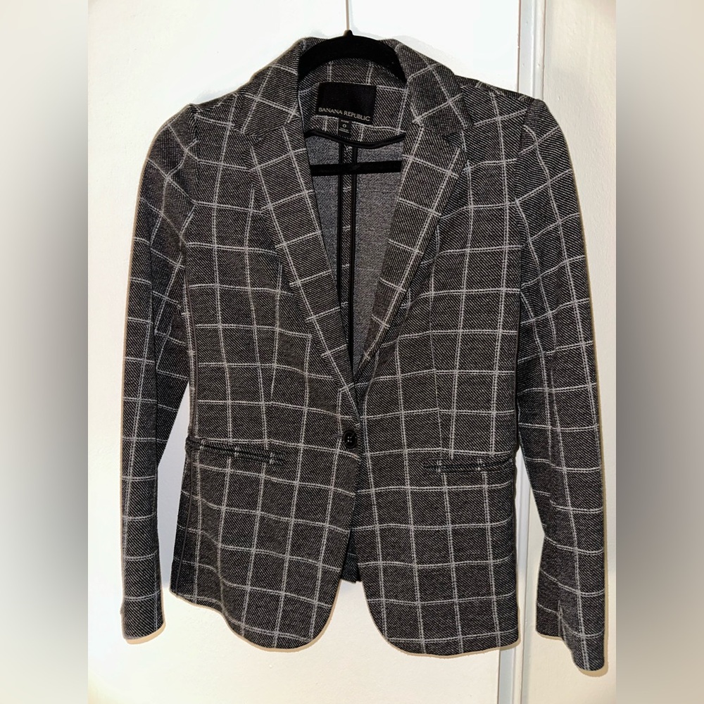 Banana Republic Blazer 0 Petite Gray Windowpane Plaid
